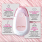 Pmd Kiss lip care device with product descriptions on a pink and white striped background
