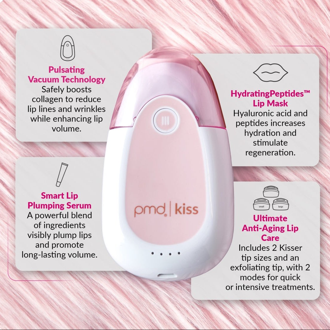 Pmd Kiss lip care device with product descriptions on a pink and white striped background